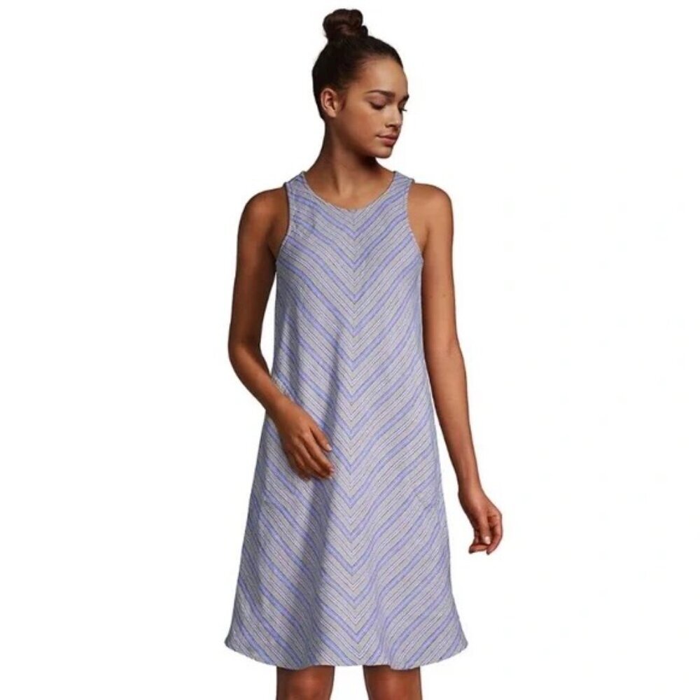 LANDS' END Striped Sleeveless Knee Length Linen Swing Dress Blue/Tan Women's S